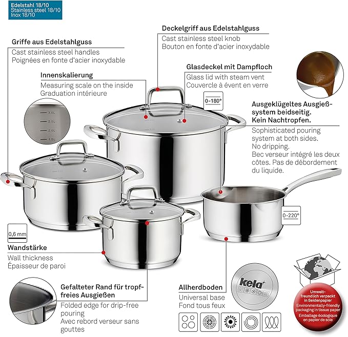 kela Kitchen Cookware Set Stainless Steel 7-Piece Kitchen Set Optimal Heat Distribution Flavoria Collection