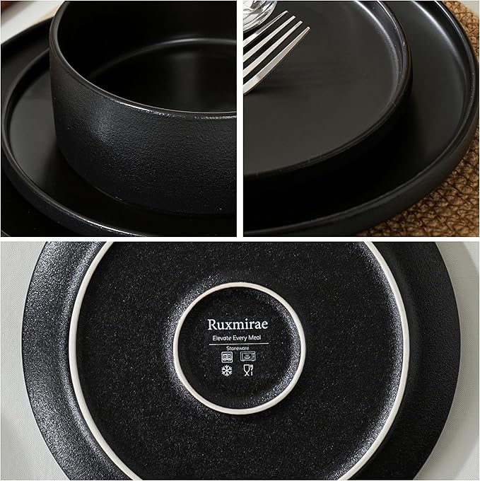 12 Piece Dinnerware Set Modern Minimalist Stoneware Plates and Bowls Sets Modern Dinner Plate Salad Plate Cereal Bowl Dish Set for 4 Microwave and Dishwasher Safe Matte Black