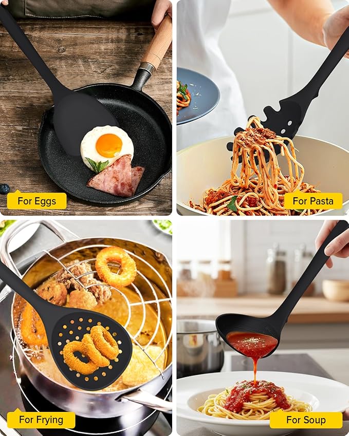 Silicone Cooking Utensils Set 9 Pcs Heat Resistant Kitchen Utensils with Back Hooks BPA Free Kitchen Tools with Spatulas Spoons Skimmer and Pasta Fork for Non Stick Cookware (BLACK)