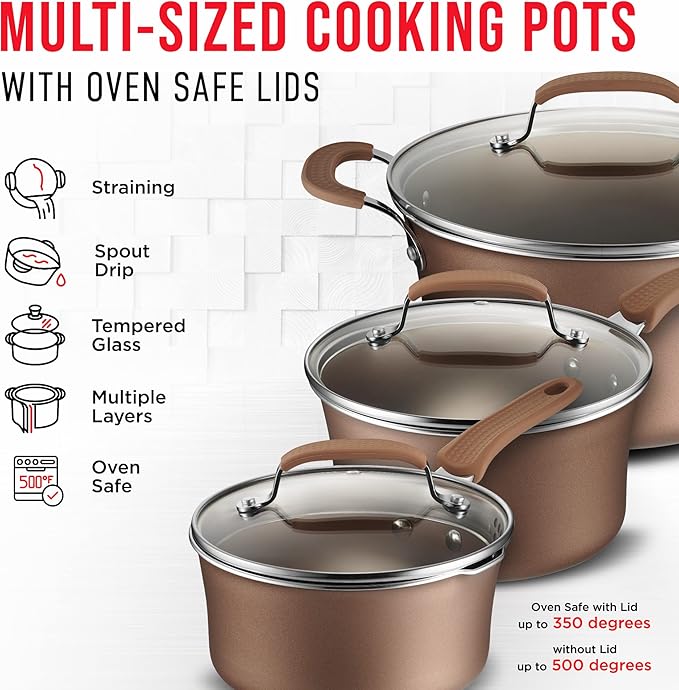Pots and Pans Set – 14 Piece – Non-Stick Professional Home Kitchenware – Cooking Pots with Lids – Skillet Fry Pans – Suitable for Gas Electric Ceramic and Induction Counter Cooktops - Golden