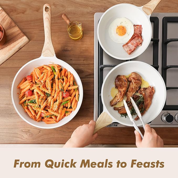 SENSARTE Nonstick Frying Pan Skillets White Ceramic Coating Omelette Pans Healthy Cookware Chef's Pan PTFE &amp PFAS Free (8+9.5+11 Inch)