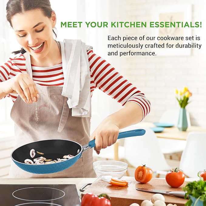 NutriChef 11 Pc Ceramic Cookware Set - Excilon Blue Diamond Nonstick Induction Ready Includes Saucepan Fry Pans Dutch Oven Utensils Dishwasher Safe - NCCW11BD.7