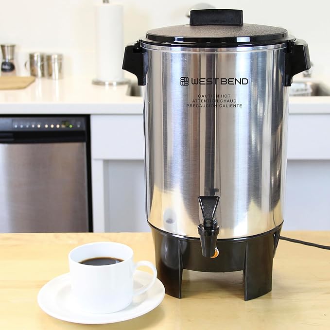 West Bend Coffee Urn Highly-Polished Aluminum Features Automatic Temperature Control with Cup Per Minute Brewing and Easy Clean Up Includes In-Basket Measuring Guide and Ready Light 30-Cup Silver
