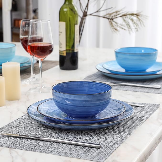 Selamica Ceramic Dinnerware Sets for 6 18 Pieces Plates and Bowls Set Scratch Resistant Dishes Set Handpainted Swirl with Spot Dishwasher &amp Microwave Safe Gradient Blue