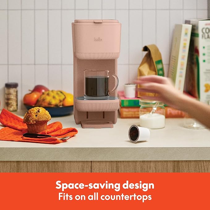 BELLA Single Serve Coffee Maker K Cup &amp Coffee Ground Compatible with Removable Adjustable Drip Tray Auto Shutoff &amp Reusable Dishwasher Safe Accessories Brews 6oz to 14oz 1000 Watt Bloss