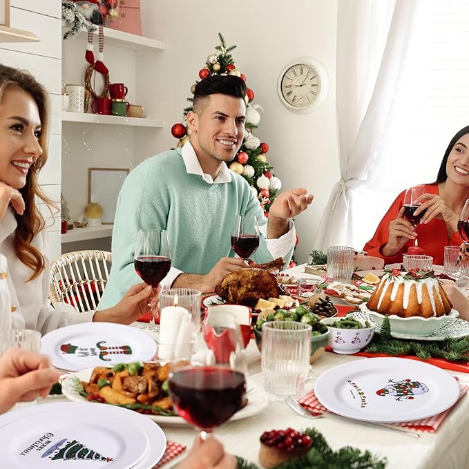 24 Pcs Christmas Melamine Dinnerware Set Service for 8 Guest 10 Dinner Plates 8 Salad Plates 3×6 Bowl Santa Snowman Reindeer Xmas Tree Festive Holiday Tableware for Family Party Gift