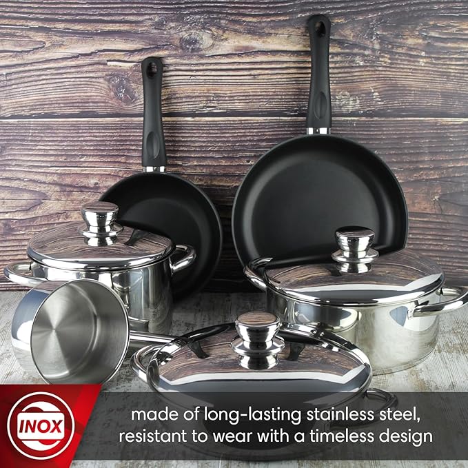 MAGEFESA FAMILY 9-Piece Stainless Steel Cookware Set – Includes Stockpot Stewpot Saucepan Sauté and Skillets – Induction Compatible Dishwasher Safe