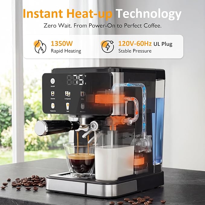 SUNVIVI Espresso Machine with Cold Brew All-in-one Iced Coffee Maker with Automatic Milk Frother LED Touchscreen 51OZ Water Tank Pressure Coffee Machine for Latte Cappucinno Self-clean Black