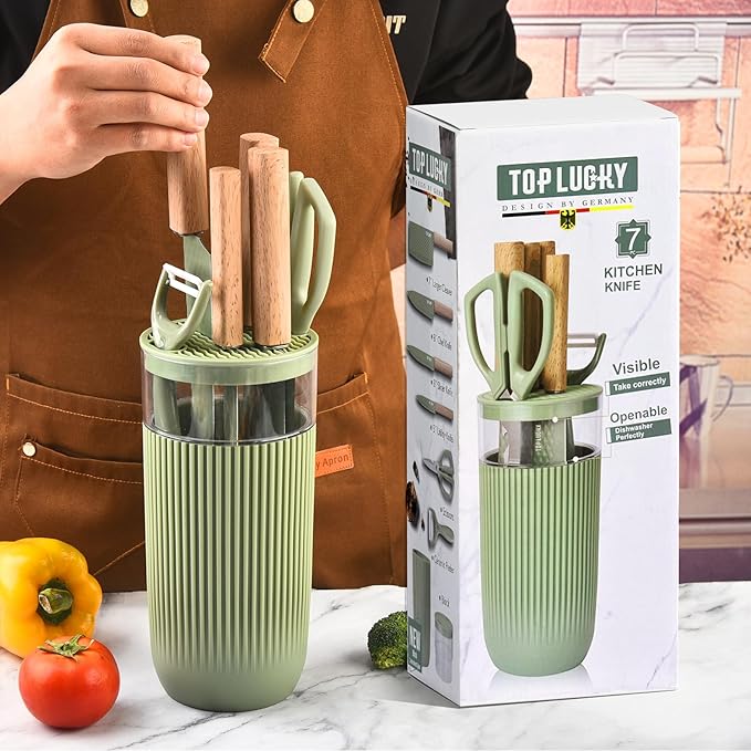 Knife Set 7-Piece Kitchen Knife Set with Sharp Chef and Meat Knives Anti-Rust Utility Knives Set for Kitchen Kitchen Knife Block Set （Green）