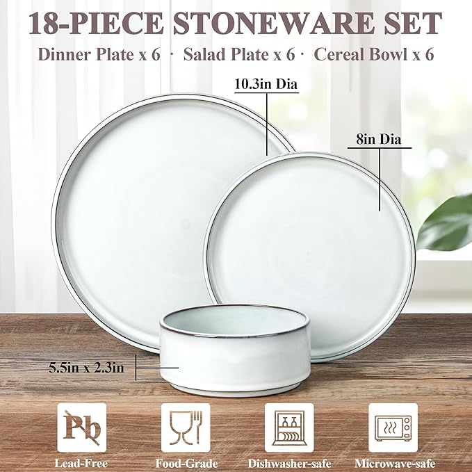 Herogo Plates and Bowls Dinner Dishes Sets for 6 18 Pieces Ceramic Stoneware Dinnerware Set Rustic Terracotta Bottom Dishwasher &amp Microwave Safe Icy White
