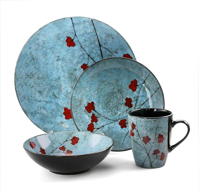 Unknown1 Midnight Blossom 16 Piece Stoneware Dinnerware Set in Blue Floral Casual Round Microwave Safe Medium