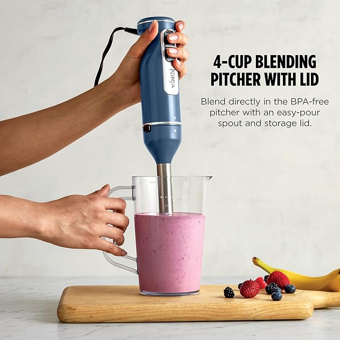 Ninja Immersion Blender and Whisk Hand Stick Blender 4 Speeds with SplatterShield and PanProtect 4-Cup Blending Vessel Dishwasher Safe 5-ft Cord Ergonomic Deep Navy CI201ND