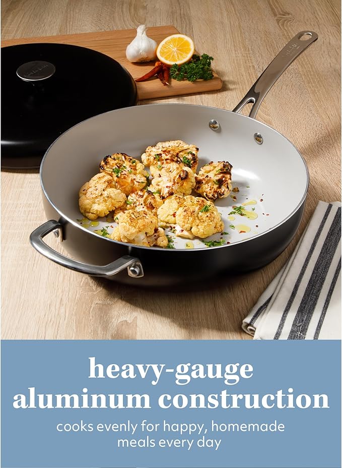 Sur La Table Kitchen Essentials Potluck Porch 4.5 Quart Sauté Pan Deep Frying Pan Skillet w/Lid Aluminum PFA Free Ceramic Cookware Chef's Pan Omelet Pan - Induction - Black