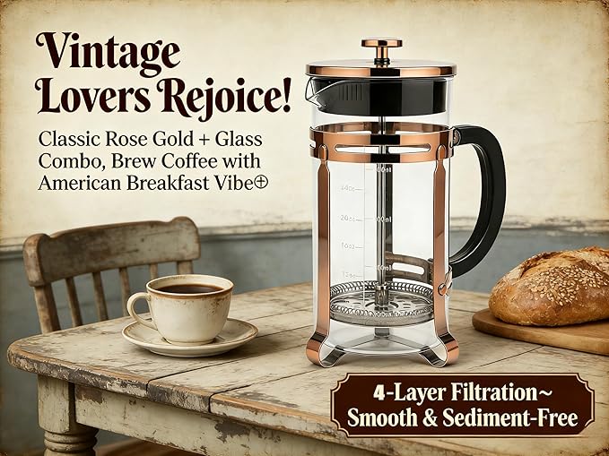 French Press Coffee Maker 34Oz Coffee Press with 304 Stainless Steel 4 Filters Borosilicate Glass Heat Resistant Carafe 100% BPA-Free Teapot &amp Coffee Press Copper Finish