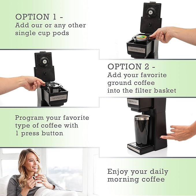 Mixpresso Coffee Maker Single Serve For Ground Coffee &amp Compatible With K Cup Pods With 14oz Travel Mug &amp Reusable Filter For Home Office &amp Camping.