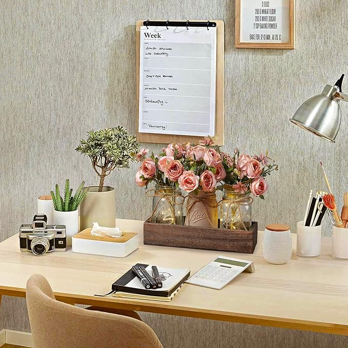 3 Pcs Mason Jar Centerpiece Table Decorations for Dining Table Decor Farmhouse Coffee Table Decor with Wood Tray and Led Light Table Centerpieces for Dining Room Kitchen Living BathroomPink