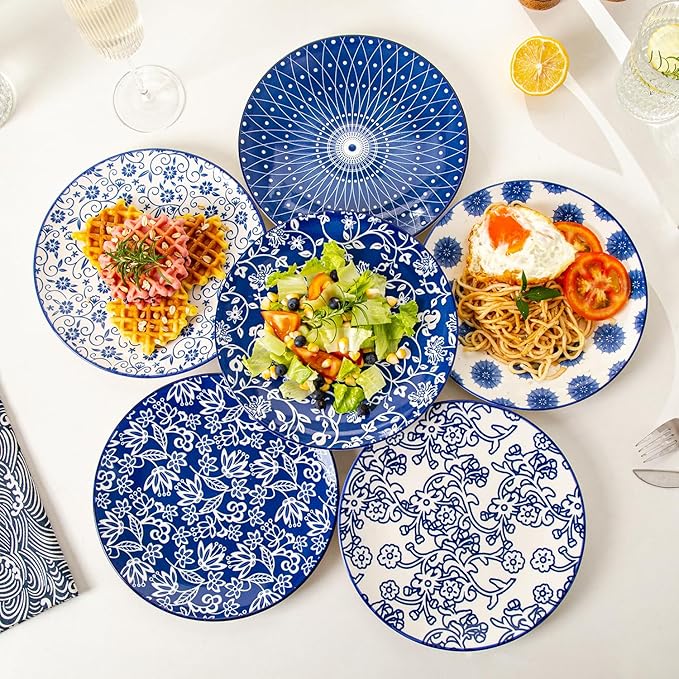 12 Pcs Ceramic Dinnerware - 8.5 Inch Salad Plates and 10.5 Inch Dinner Plates Sets - Service for 6 - Vintage Blue
