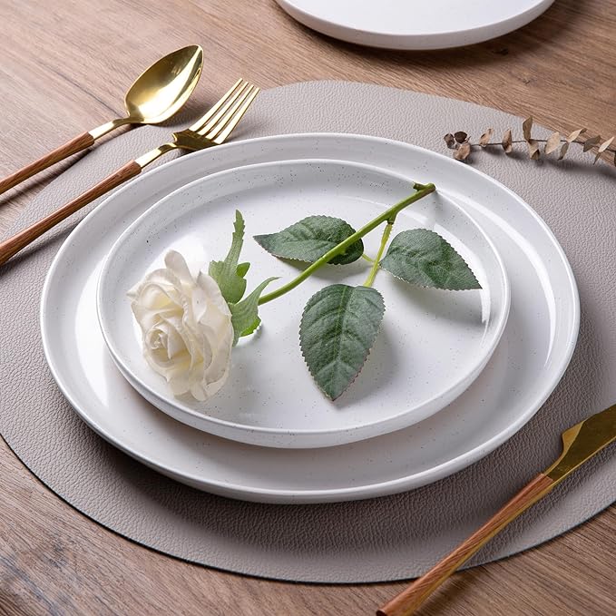 AmorArc Ceramic Dinnerware Sets for 4 12 Pieces Handpainted Plates and Bowls Set with Rustic Terracotta Underside Scratch Resistant Stoneware Dishes Set Dishwasher &amp Microwave Safe White