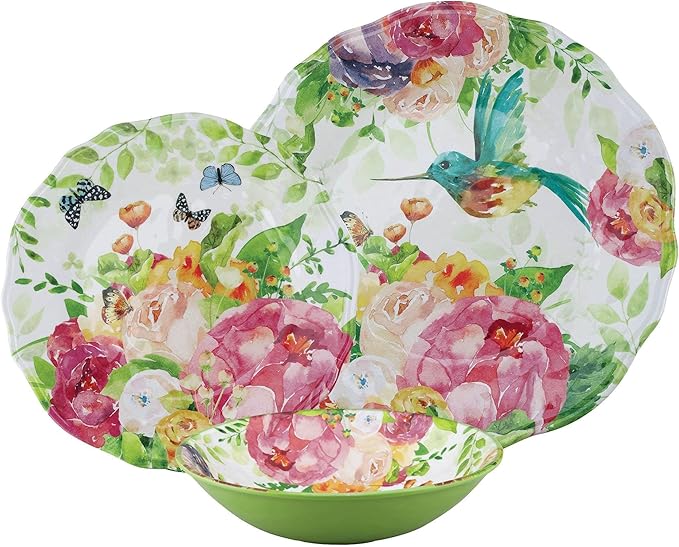 UPware 12 Piece Rose Garden Melamine Dinnerware Sets Outdoor Dishes Set Plates and Bowls Sets Service for 4 Multicolor