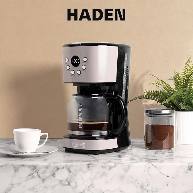 Haden 12-Cup Programmable Coffee Maker for Home or Office Putty &amp Chrome – Drip Brewer Machine with Brew Strength Delay Brewing Auto Shut-Off and Reusable Washable Water Filter