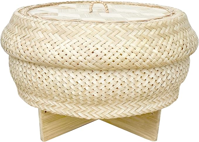 Handmade 100% Natural Thai Bamboo Sticky Rice “Electric Cooker Steamer Set” Small Pot Insert ~ 6.5 Inch Hewn Reed Wicker Woven Lid 16’’ Cheesecloth Filter and Wooden Spoon