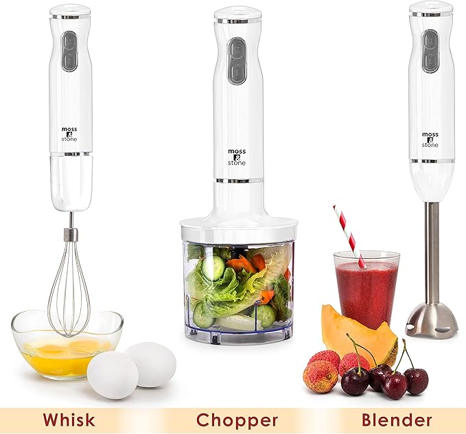 Moss &amp Stone Hand Blender With Egg Whisk &amp Chopper Powerful 300 Watt - Stick Blender Hand Mixer Set Stainless Steel Shaft &amp Blades White Handheld Blender With Ergonomic Handle