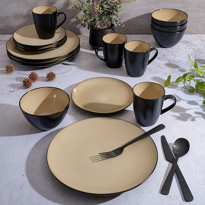 Gibson Elite Soho Lounge 16-Piece Round Reactive Glaze Stoneware Dinnerware Set Service for 4 – Taupe Plates and Bowls