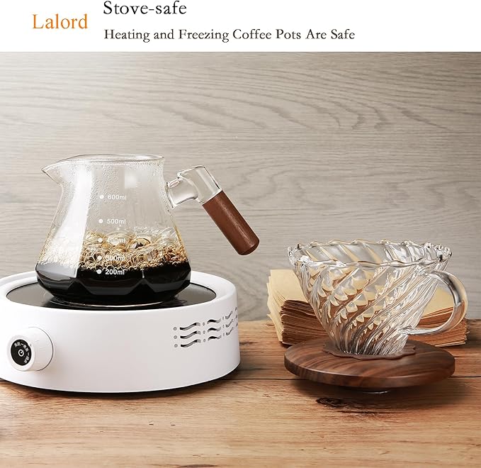 Pour Over Coffee Maker 20 oz Borosilicate Glass Set with 100 pcs Paper Filter Coffee Dripper with Walnut Collar Coffee Pot with Glass Lid 1-3 Cups Clear (600 ml)