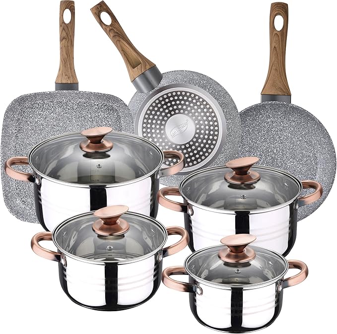 Kitchen Battery 8 Pieces SAN IGNACIO Premium Nona Stainless Steel with pan Set (18/22 cm) and Grill 28x28 cm Daimiel in Forged Aluminum
