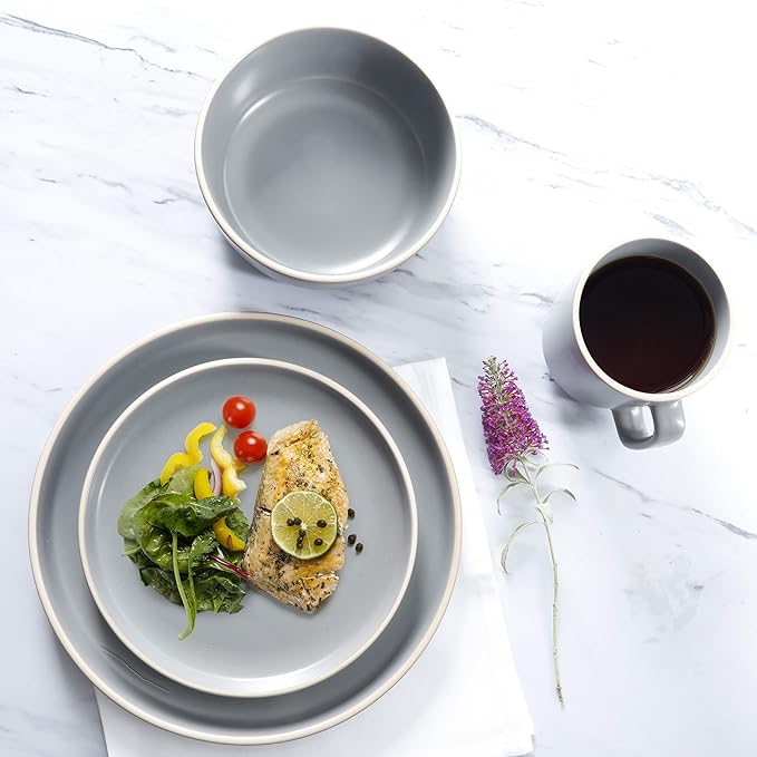 Gibson Home Zuma 16 Piece Round Kitchen Dinnerware Set Dishes Plates Bowls Mugs Service for 4 Matte Stoneware Grey Gray