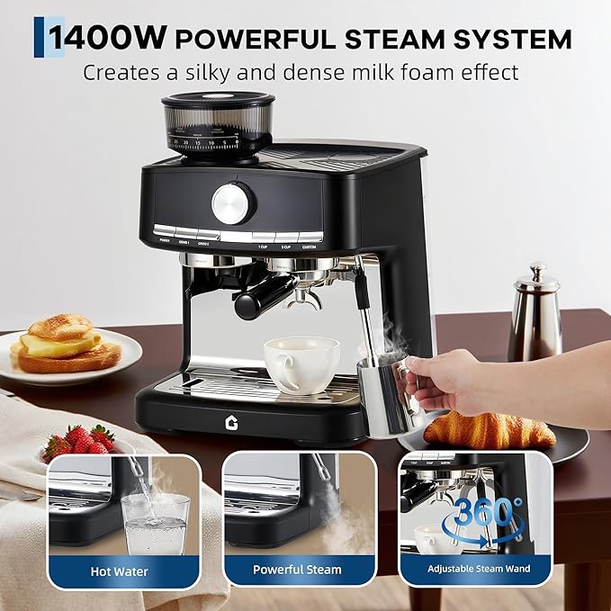 20 Bar Stainless Steel Espresso Machine with Integrated Grinder Adjustable Shot Volume 1.5l Removable Water Tank Steam Milk Frother Wand for Home and Office Use Black