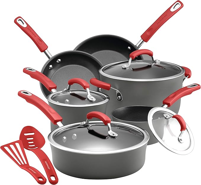 Rachael Ray - 87661 Rachael Ray Brights Hard Anodized Nonstick Cookware Pots and Pans Set 12 Piece Gray with Red Handles
