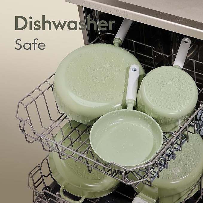 CAROTE Pots and Pans Set Nonstick Ceramic Cookware Set Green Cooking Set Kitchen Induction Set with Steamer PFAS PTFE Free9 Piece