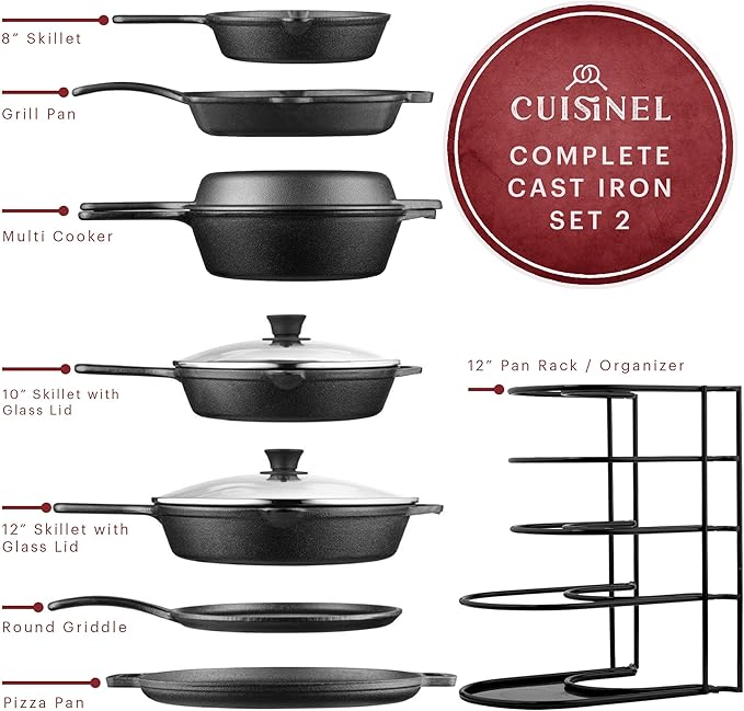 Cuisinel Cast Iron Cookware Set - Complete Pre-Seasoned Kit - 8 Skillet + 10+12 Skillets with Glass Lid + Grill Pan + Multi-Cooker/Dutch Oven + Flat Griddle + Pizza Pan + Rack Organizer - 2024