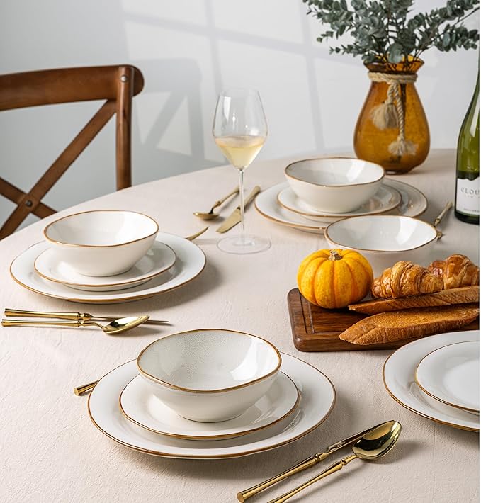 AmorArc Ceramic Dinnerware Sets Handmade Stoneware Reactive Glaze Plates and Bowls Set Scratch Resistant | Dishwasher &amp Microwave Safe Dishes Set Service for 4 (12pc)
