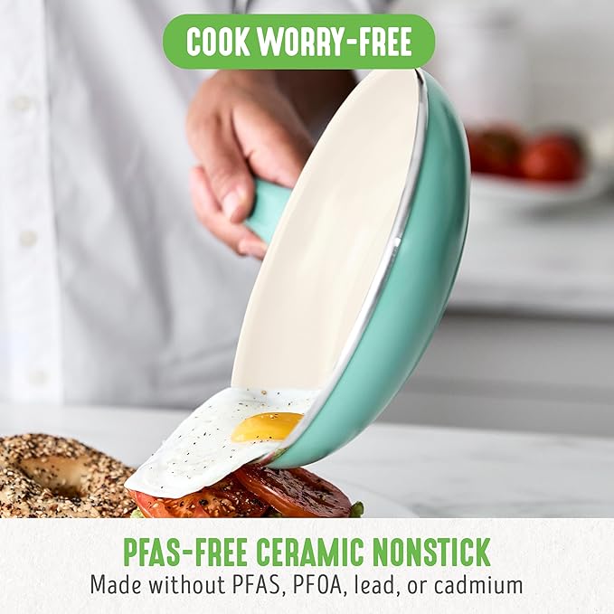 GreenLife Soft Grip Healthy Ceramic Nonstick Cookware Set 7 10 and 12 Frying Pan Skillets 1QT and 2QT Saucepans with Lids PFAS &amp PFOA-Free Dishwasher Safe Turquoise