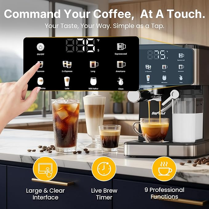 Espresso &amp Americano Machine with Cold Brew Iced Coffee Maker with Ground/Capsule Dual Brewing Touchscreen Milk Frother Latte &amp Cappucinno Maker with 51OZ Water Tank Self-clean Black
