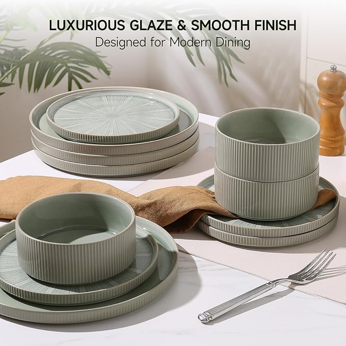 Dinnerware Sets for 4 Ceramic Plates and Bowls Set 12 Piece Dinnerware Chip Resistant Stoneware Dishwasher and Microwave Safe-Green