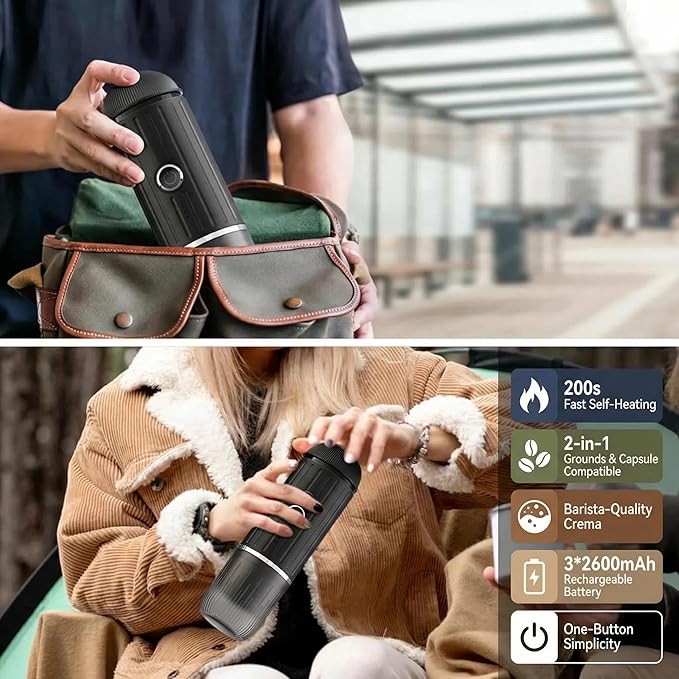 Portable Espresso Machine with 3-4 Min Self-heating 12V Rechargeable Electric Coffee Machine 19 Bar Compatible with NS Capsules and Ground Coffee for Car Camping Travelling