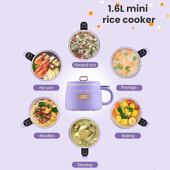 Mini Rice Cooker 1.6L Small Non-Stick Electric Pot for Rice Soup &amp Steaming with 12-Hour Keep Warm Ideal for 1-3 People (purple)