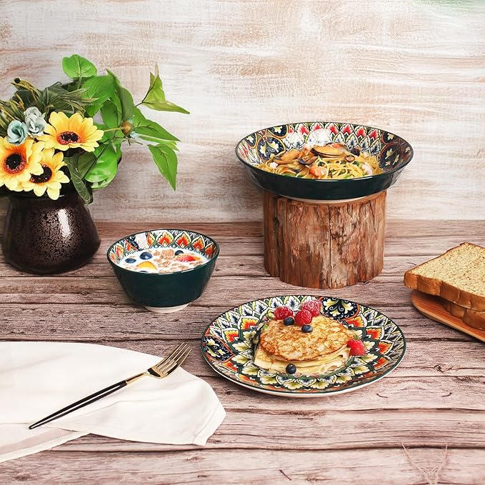 YA JU Mandala Dinnerware Sets (12 Pcs) Serves 4 Buffet Dinnerware Boho Plates and Bowls Dish Set with 8 salad Plate 8 Dessert Plate 4.8 bowl apply Casual dining Indoor Outdoor Dining Party