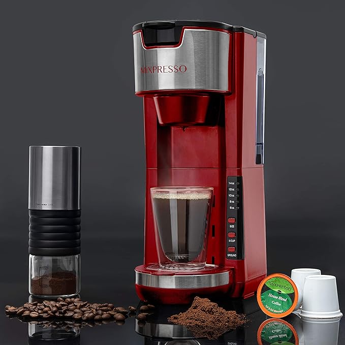 Mixpresso Red Single Serve Coffee Brewer K-Cup Pods Compatible &amp Ground 30 oz Compact Coffee Maker Single Serve With 5 Brew Sizes Up To 14 Oz Fits Travel Mug Adjustable Drip Tray