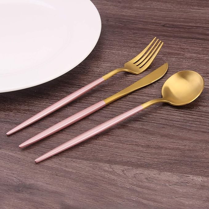 Matte Gold Silverware Set with pink handle Bysta 20-Piece Stainless Steel Flatware Set Kitchen Utensil Set Service for 4 Tableware Cutlery Set for Home and Restaurant Satin Finish Dishwasher Safe
