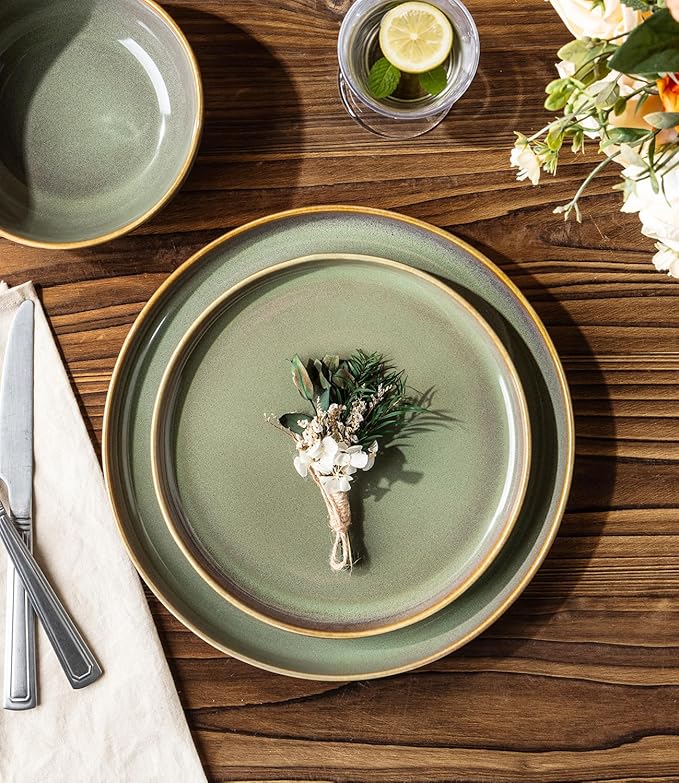 TheTerra Ceramic Dinnerware Sets for 4 12 Pieces Handmade Reactive Glaze Plates and Bowls Sets Scratch Resistant Dish Set Oven &amp Microwave &amp Dishwasher Safe Brown Green