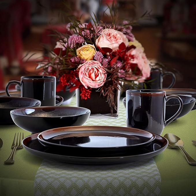 16 Piece Round Stoneware Dinnerware Set in Metallic Black Complete Tableware Service for 4