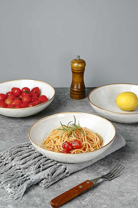 Famiware Ocean Round Plates and Bowls Sets for Kitchen 16-Piece Dinnerware Sets for 4 Reactive Glaze Cappuccino White