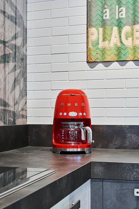 Smeg DCF02 Drip Coffee Maker Bundle with Extra Glass Carafe DCFC01 – 10-Cup Capacity Auto Start Keep Warm Function Retro 1950s Design – Red