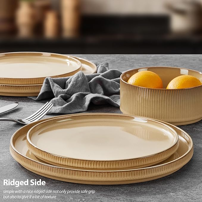 LIANYU 8 Piece Dinnerware Plates and Bowls for 2 Ceramic Elegant Stoneware Dishes Sets with Pasta Bowls Modern Ribbed Dining Ware Dishware for Restaurant Wedding Dishwasher Safe Dune Khaki