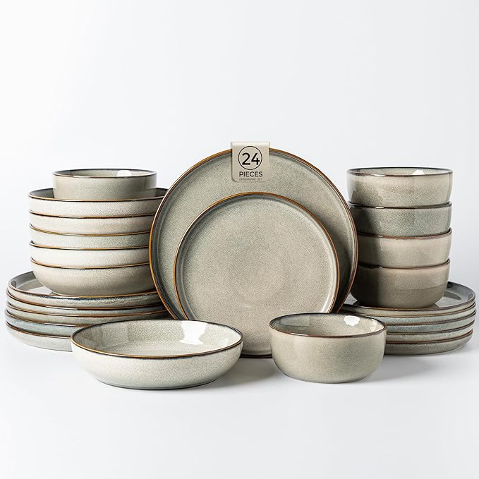 GBHOME 24 Pieces Double Bowls Ceramic Dinnerware Sets for 6 Stoneware Plates and Bowls Set with Reactive Glaze Scratch Resistant Stoneware Dishes Set Dishwasher &amp Microwave Safe