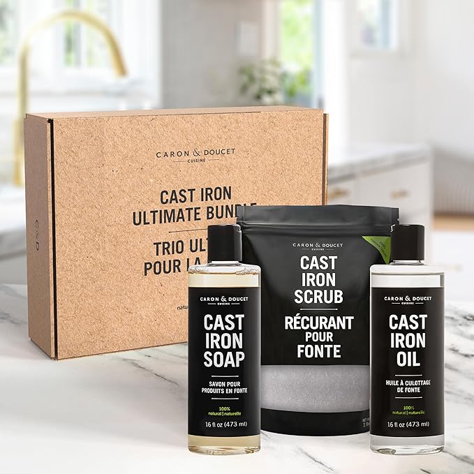 CARON &amp DOUCET – Ultimate Cast Iron Set PLUS: Seasoning Oil Cleaning Soap &amp Restoring Scrub | 100% Plant-Based &amp Best for Cleaning Care Washing Restoring &amp Seasoning Skillets Pans